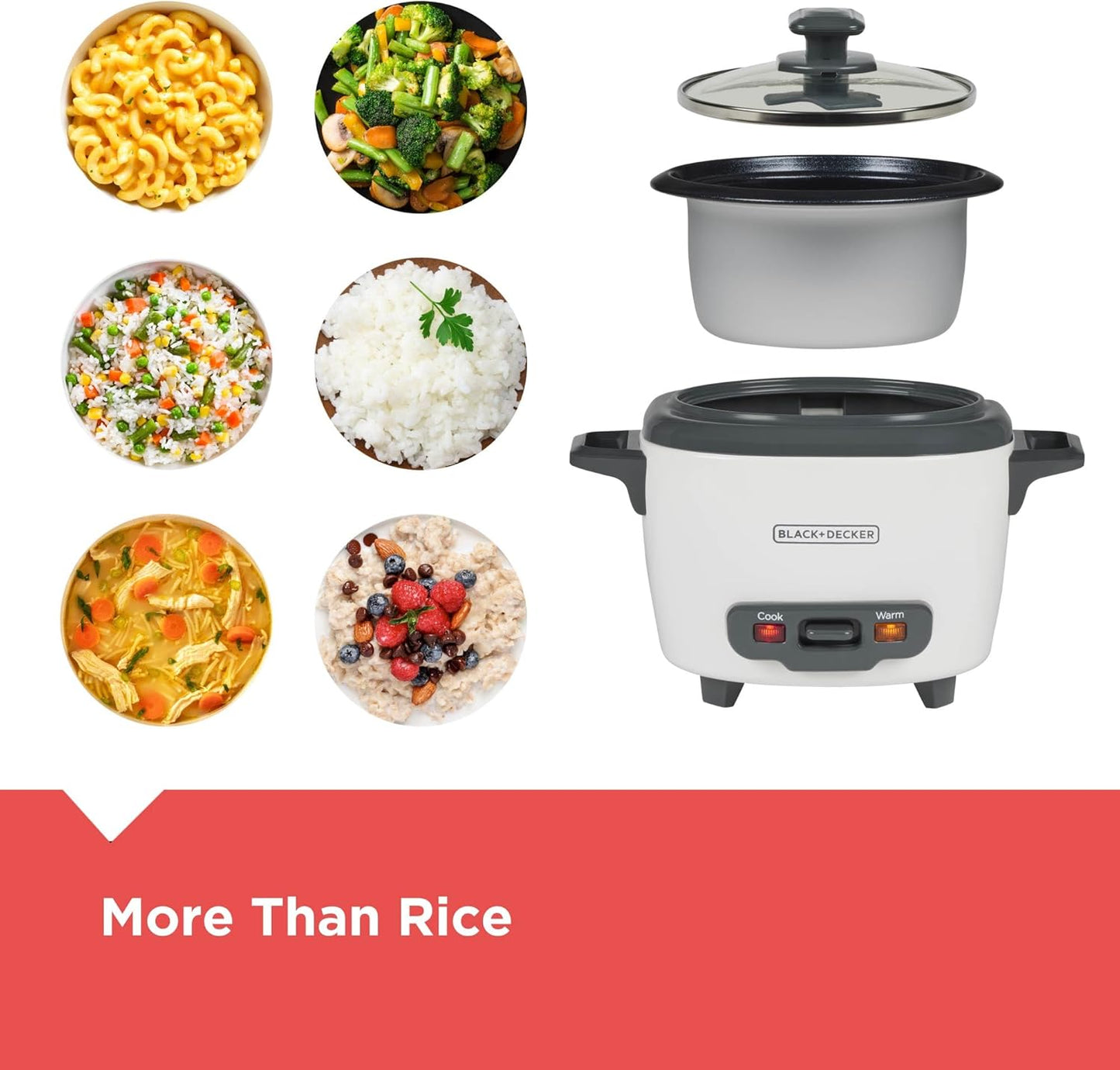 BLACK+DECKER 3-Cup Rice Cooker, 1.5-cup Uncooked Rice, 3 Cups Cooked, Steaming Basket, Removable Non-Stick Bowl, One Touch