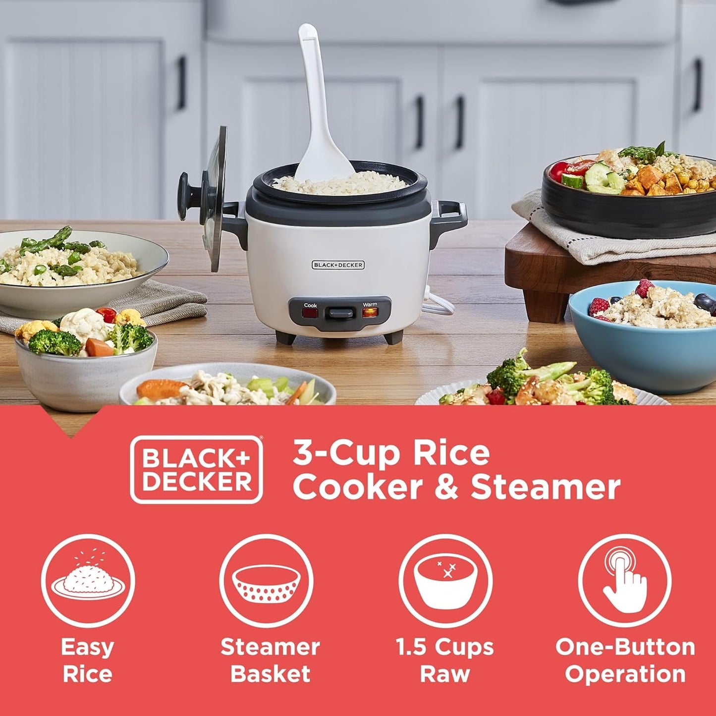 BLACK+DECKER 3-Cup Rice Cooker, 1.5-cup Uncooked Rice, 3 Cups Cooked, Steaming Basket, Removable Non-Stick Bowl, One Touch