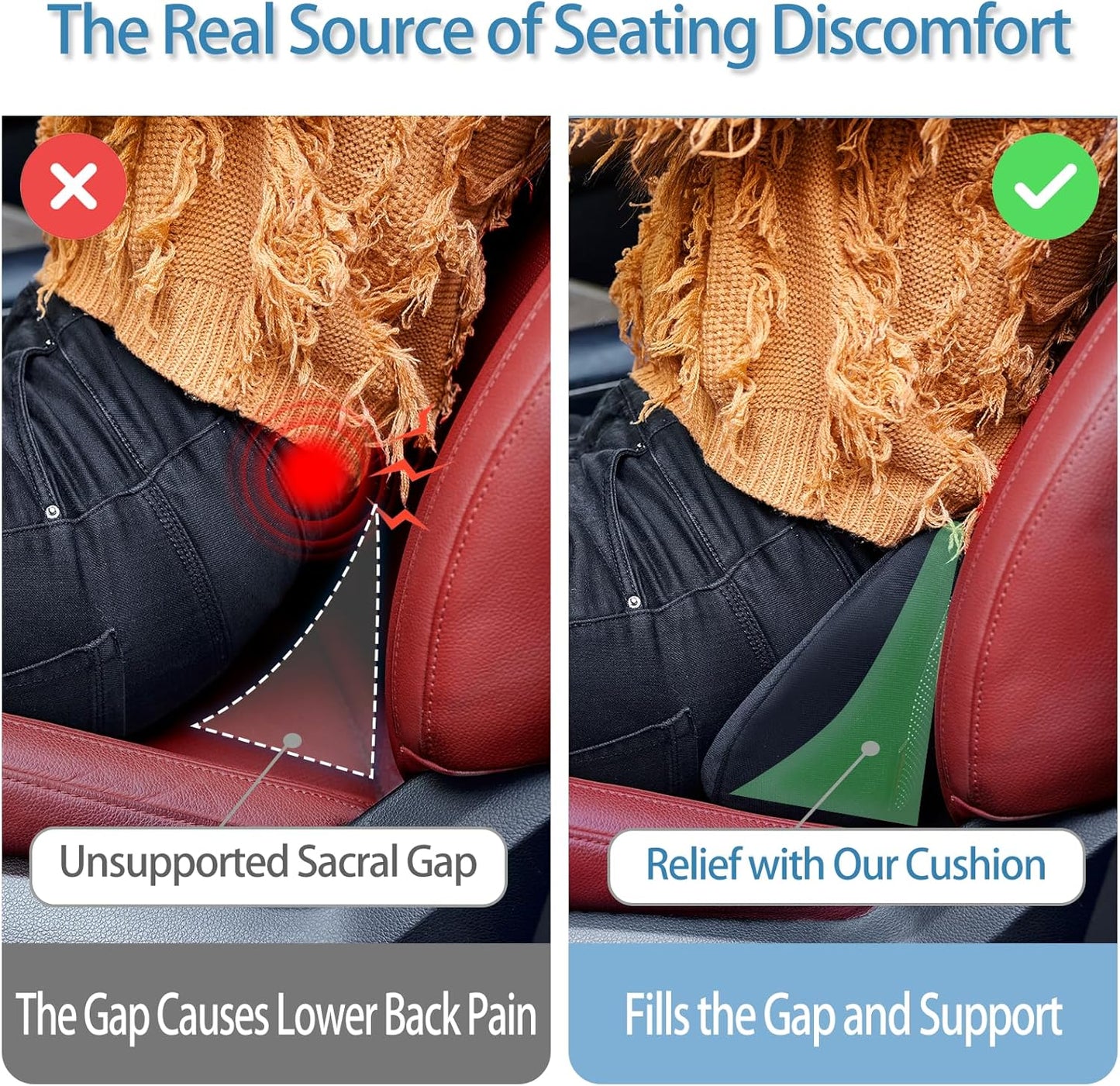 Ergonomic Sacral Cushion for Car & Office Chair - Fills Seat Gap for Tailbone & Lower Back Support, Memory Foam Wedge Pillow for SI Joint Comfort, Non-Slip Design with Seat Anchor