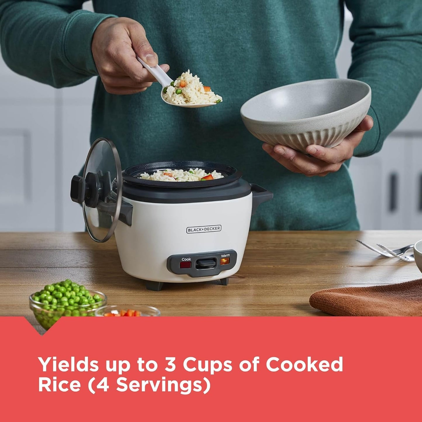 BLACK+DECKER 3-Cup Rice Cooker, 1.5-cup Uncooked Rice, 3 Cups Cooked, Steaming Basket, Removable Non-Stick Bowl, One Touch