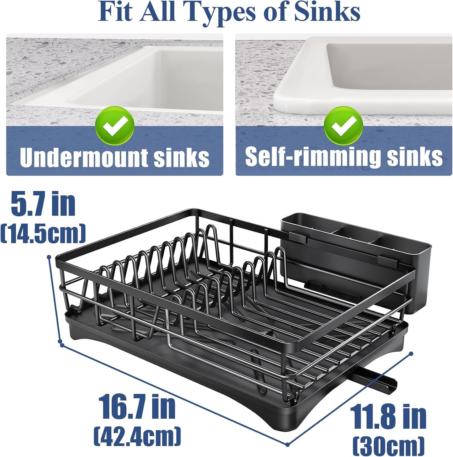 Dish Drying Rack for Kitchen Counter - Large Dish Rack with Drainboard, Rustproof Dish Drainer with Utensil Holder for Sink, Black