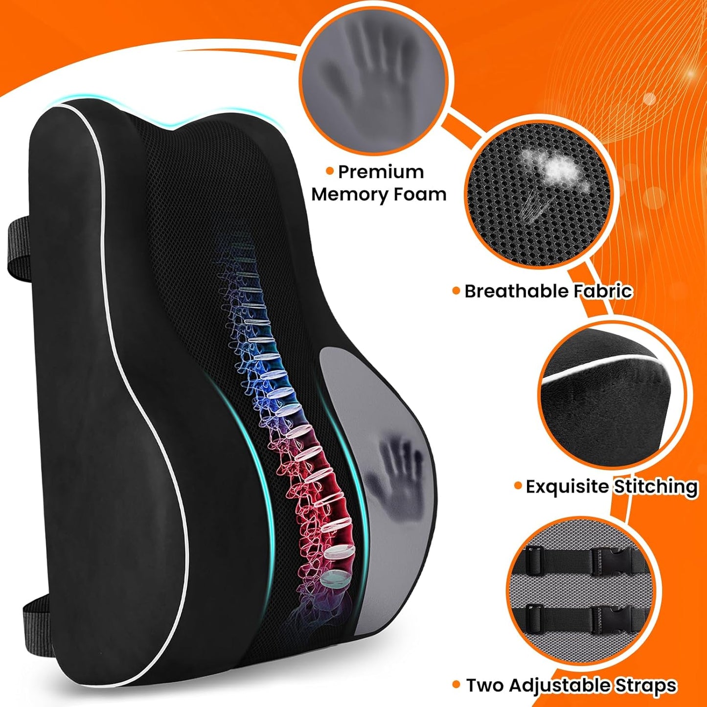 CloudBliss Ergonomic Lumbar Support Pillow – Memory Foam for Lower Back Pain Relief, Adjustable Straps & Mesh Cover for Office, Gaming, Car Seat & Home Essentials (Black)