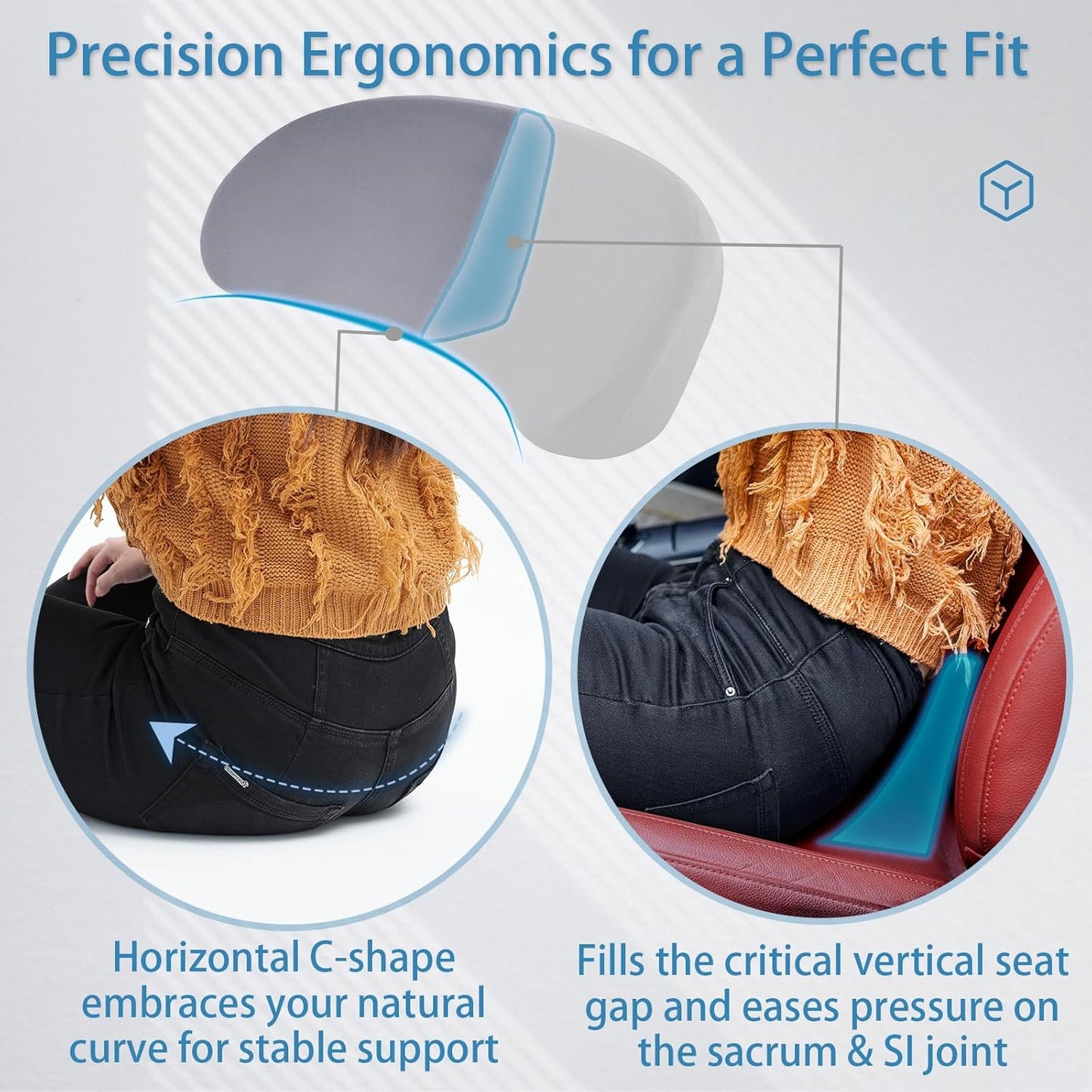 Ergonomic Sacral Cushion for Car & Office Chair - Fills Seat Gap for Tailbone & Lower Back Support, Memory Foam Wedge Pillow for SI Joint Comfort, Non-Slip Design with Seat Anchor